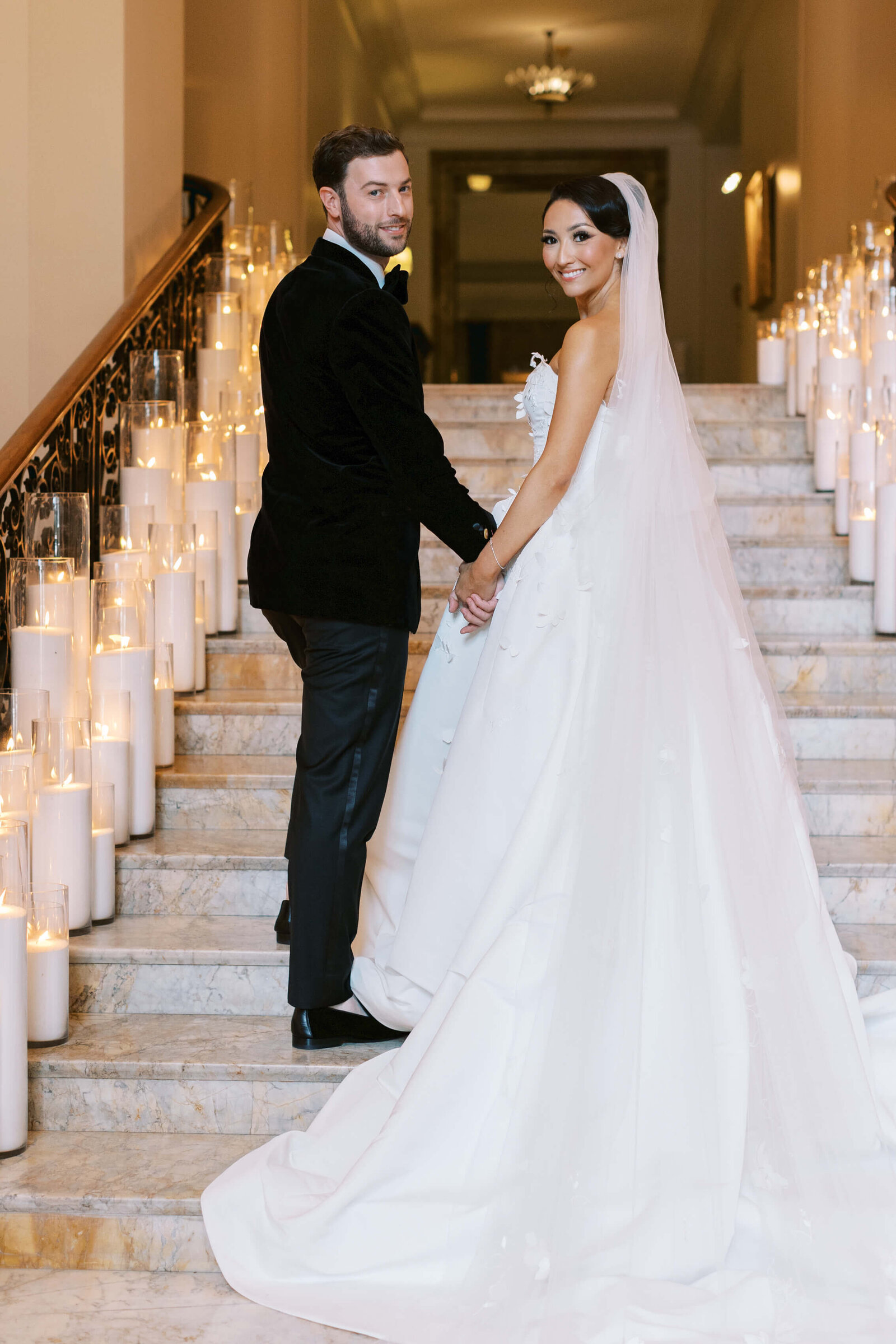 California Club Wedding Bride and Groom Portrait on Stairs