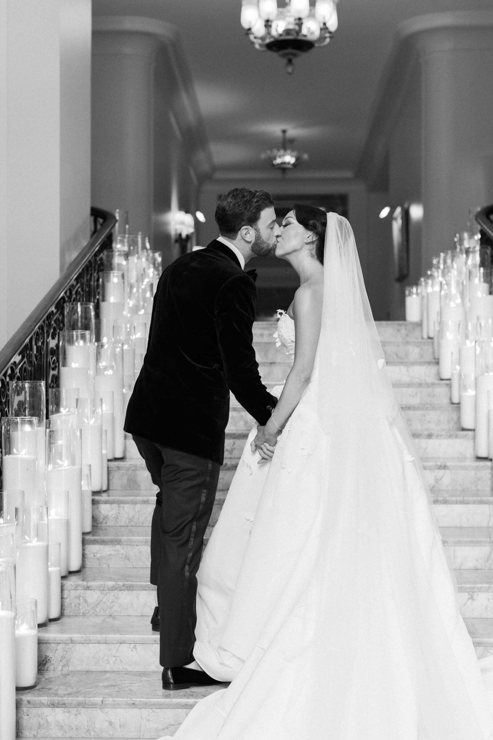 California Club Wedding Bride and Groom Portrait on Stairs