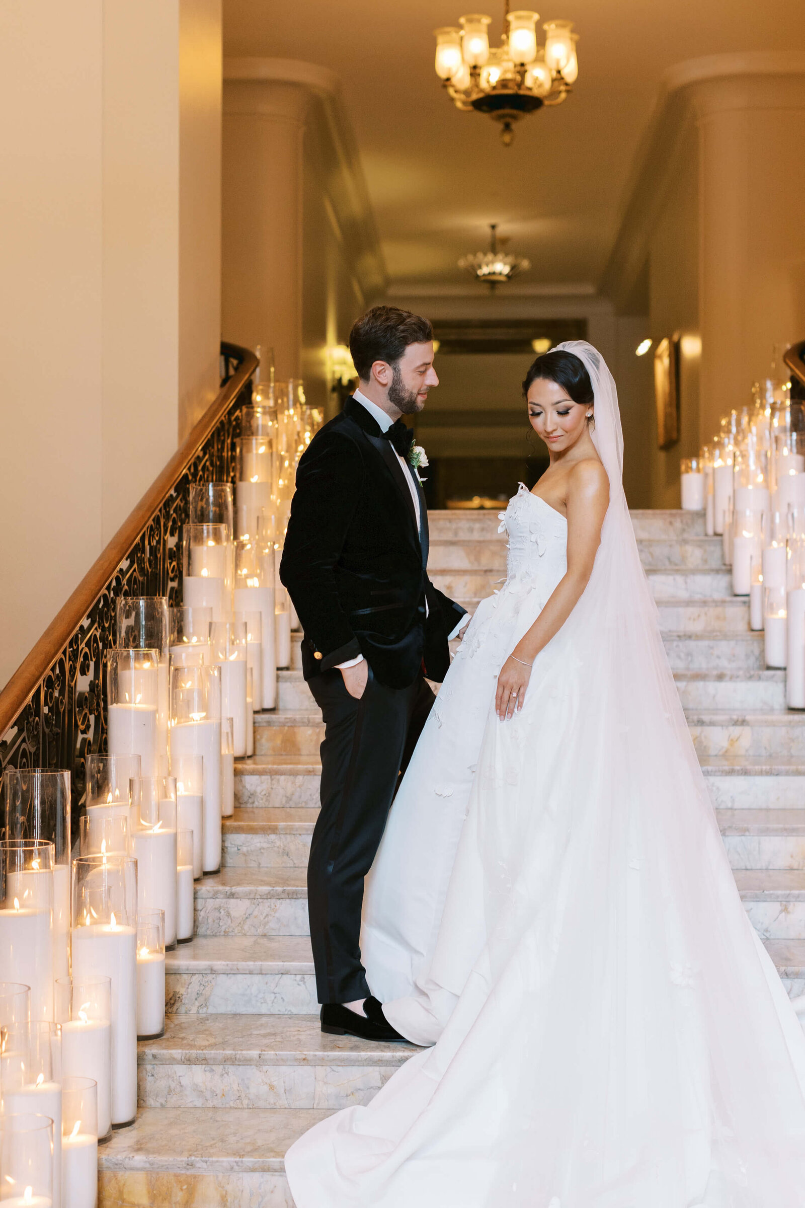 California Club Wedding Bride and Groom Portrait on Stairs wit candles