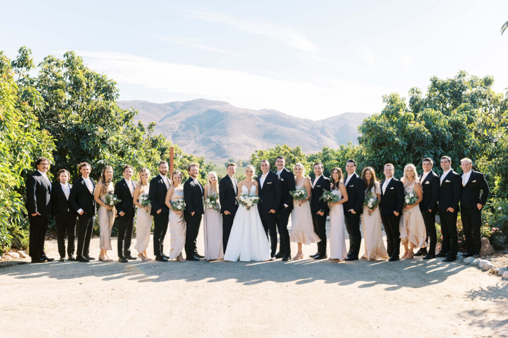 Gerry Ranch Wedding - large wedding party stands outdoors on a sunny day, dressed in formal attire. The bride and groom are centered, surrounded by bridesmaids in light dresses and groomsmen in black suits. Lush greenery and mountains are in the background. Copyright - Lisa Leanne Photography, California