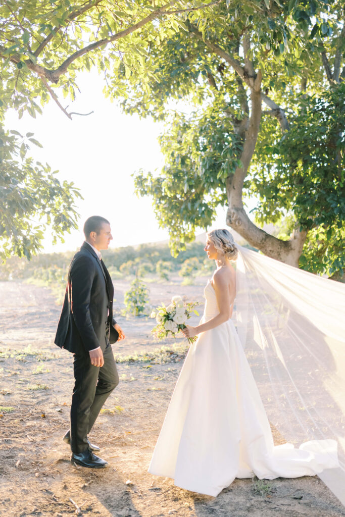 Gerry Ranch Bride and Groom Portrait - A bride in a white dress and veil stands facing a groom in a black suit outdoors under leafy trees, with sunlight filtering through the branches. Copyright - Lisa Leanne Photography, California
