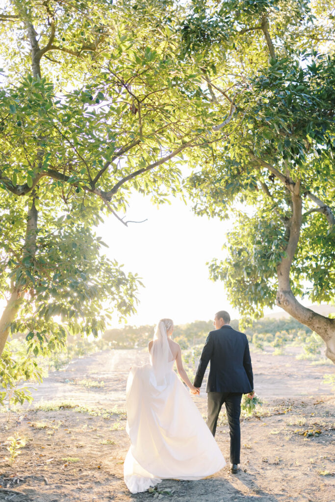 Gerry Ranch Bride and Groom Portrait - A bride and groom hold hands as they walk outdoors beneath tall, leafy trees, bathed in warm sunlight. The bride wears a white gown and veil, and the groom is in a dark suit. The scene feels bright and romantic. Copyright - Lisa Leanne Photography, California