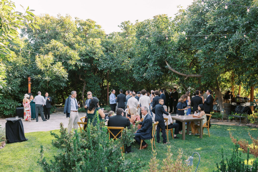 Gerry Ranch Wedding Cocktail Hour - groups of people socializing around tables and standing on a grassy lawn, surrounded by large green trees and plants on a sunny day. Copyright - Lisa Leanne Photography, California