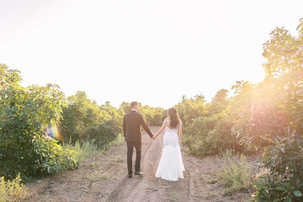 Gerry Ranch Golden Hour Portrait - A bride in a white dress and a groom in a black suit walk hand in hand down a dirt path between green bushes, with sunlight shining through the trees in the background. Copyright - Lisa Leanne Photography, California