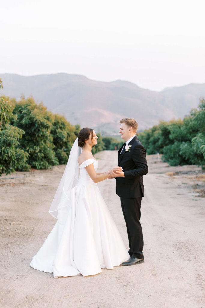 A bride in a white gown and veil holds hands with a groom in a black suit and bow tie on a dirt path surrounded by greenery, with mountains in the background. Copyright - Lisa Leanne Photography, California