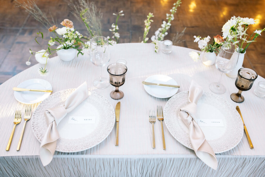 Calamigos Ranch Oak Room Reception Bride and Groom Table Place Setting - Lisa Leanne Photography