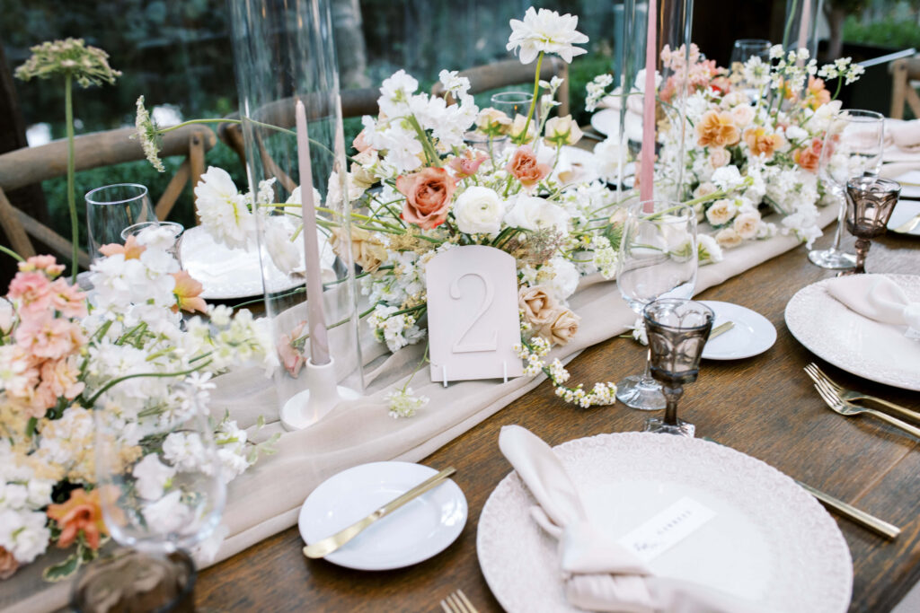 Calamigos Ranch Oak Room Reception Elegant Table Setting with blush florals - Lisa Leanne Photography