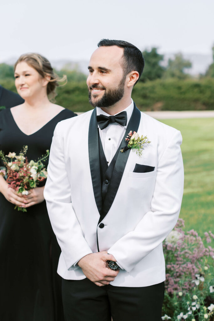 Roblar Farm Ceremony Groom at altar - Lisa Leanne Photography